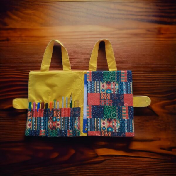 Handmade Art organizer. Perfect for on-the-go fun or at home masterpieces. This colorful organizer keeps color pencils, crayons, markers and more in one playful place.