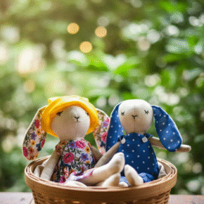 Handmade fabric bunny dolls in floral dress and blue polka dot dungarees