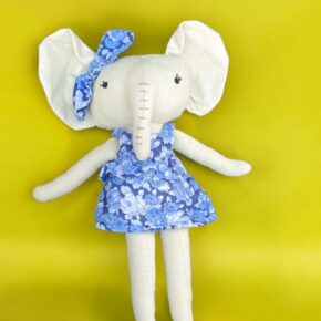 Handmade fabric elephant doll in blue floral dress