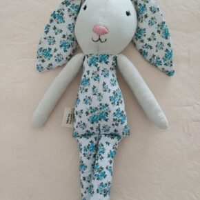 Handmade fabric bunny doll in blue floral print